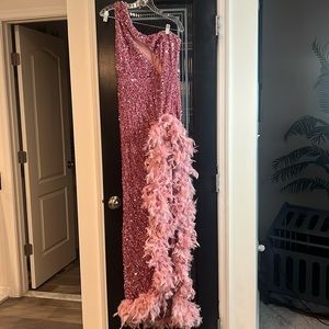 Rose pink one shoulder sequin feather dress
